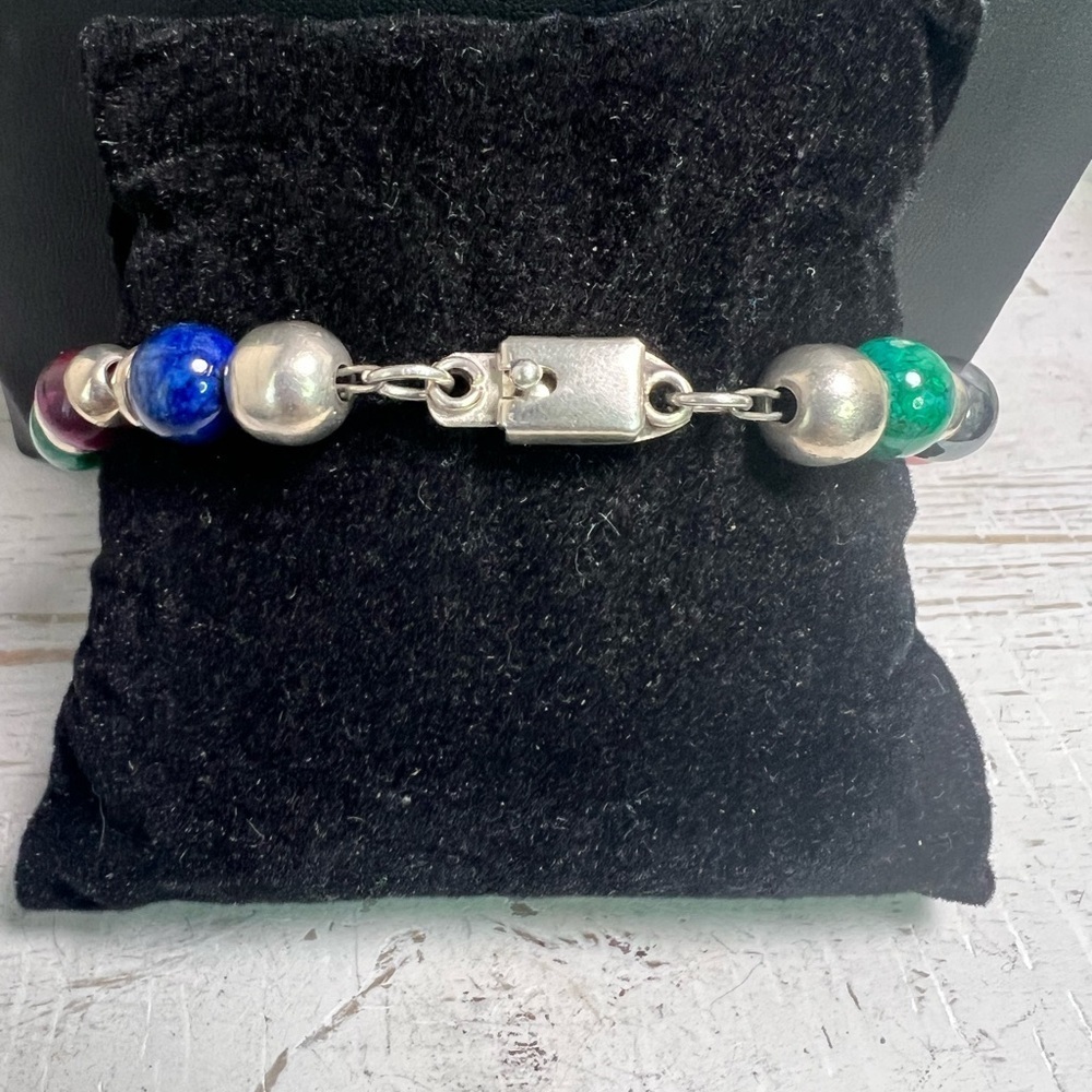 Taxco Mexico Sterling Silver Stone Bracelet 6 3/4” B11 - Picture 2 of 4